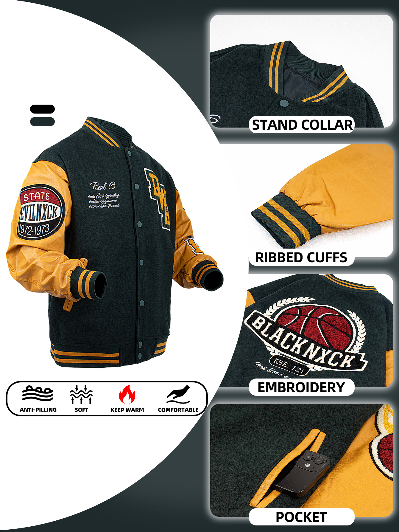 Men's Bomber Jacket Faux Leath - Varsity Jacket Wool avaliação e preço